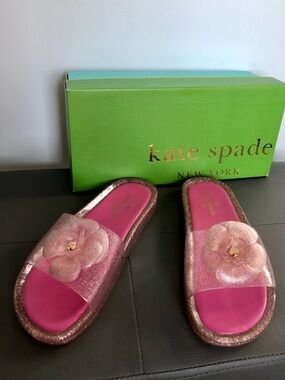 New NIB Kate Spade clear Pink Glitter Flower Slide Sandals slippers shoes 7